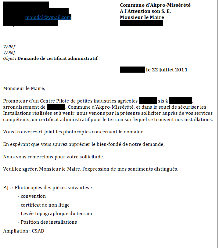 Courrier de ma demande de certificat administratif 